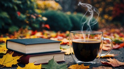 Wall Mural - A clear glass mug filled with black coffee stands beside stacked books set on the autumn ground.