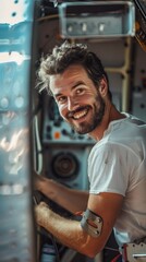 Aufkleber - A man with a beard and a white shirt is smiling and looking at the camera