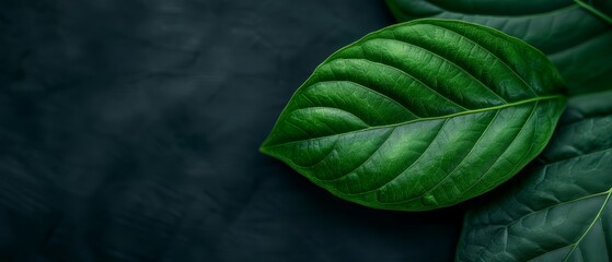 Wall Mural -  A tight shot of a green leaf against a dark backdrop, with ample white space to its left for text or title