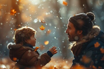 Wall Mural - father and son enjoying autumn leaves in the forest