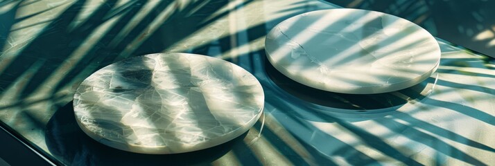 Poster - Two smooth marble coasters rest on a glass table. Sunlight streams through a nearby window, casting long palm leaf shadows across the surface