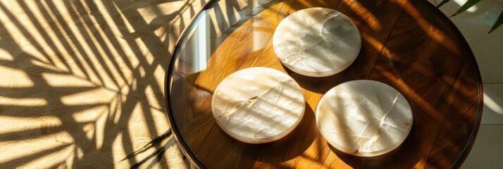 Poster - Three white marble coasters sit on a wooden table with a glass top. Sunlight filters through a window casting palm leaf shadows on the table and coasters