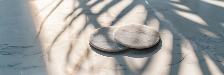 Poster - A pair of sleek marble coasters rest on a glass table, with sunlight filtering through and creating palm leaf shadows