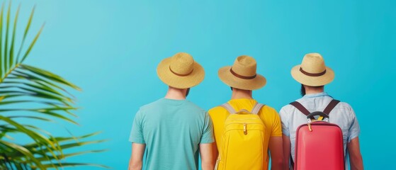  Three men, standing together, hold a red suitcase They each wear yellow hats