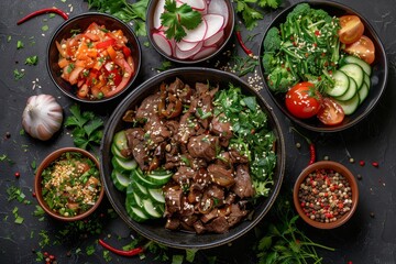 Poster - Spicy Salads Set, Salat Collection with Beef Meat and Vegetables Salats Top View, Restaurant Buffet Menu