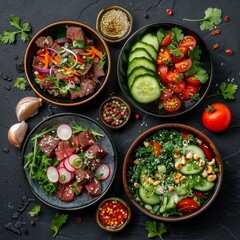 Poster - Spicy Salads Set, Salat Collection with Beef Meat and Vegetables Salats Top View, Restaurant Buffet Menu