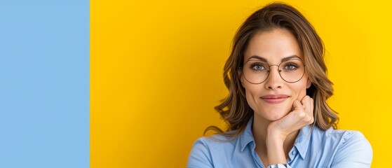 Wall Mural -  A woman in a blue shirt and glasses gazes at the camera, her hand resting on her chin against a vibrant yellow-blue background