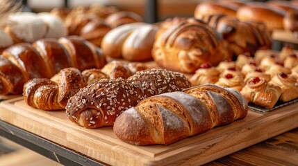 Wall Mural - Baking extravaganza showcasing a variety of artisan bread and pastries cooling on a wooden rack, inviting and warm