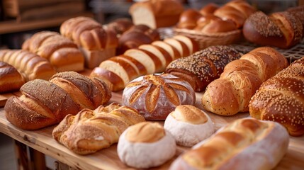 Wall Mural - Baking extravaganza showcasing a variety of artisan bread and pastries cooling on a wooden rack, inviting and warm