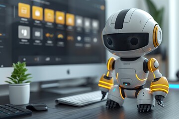 Poster - White Robot Sitting On A Desk With A Computer