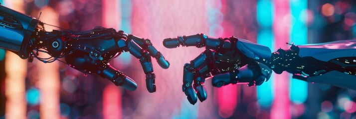 Poster - Two robotic arms, with intricate mechanical details, extend towards each other in a futuristic setting with neon lights in the background