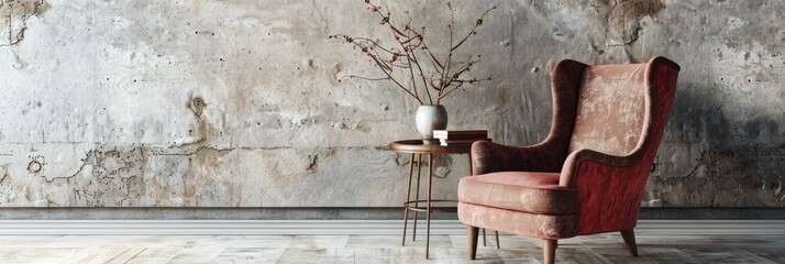 Poster - A red vintage armchair sits beside a small, rustic side table against a textured concrete wall. A vase with branches sits on the table