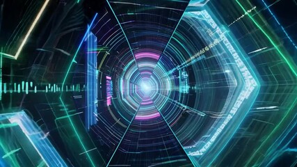 Poster - This digital tunnel with glowing neon lights and a bright light at the end.