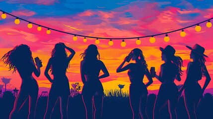 Back view of a group of female friends at a music festival drinking beer and dancing with a sunset color palette, minimalist vector art.