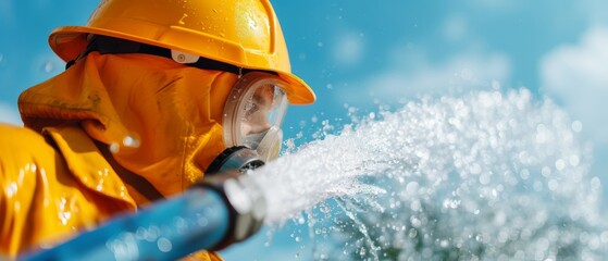  A man in yellow hard hat and protective gear sprays water on his face from a blue hose against a clear blue sky