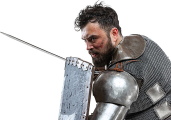 Flyer. Portrait of brave medieval warrior, knight in special armor protecting himself with shield and sword isolated on transparent background. Comparison of eras, history, renaissance style concept