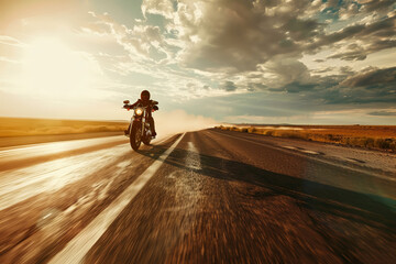 Wall Mural - A bold exciting ad for a new motorcycle on an open  240 desert, sand, sunset, sky, woman, road, nature, silhouette, beach, landscape, sun, couple, travel, people, walking, walk, summer, outdoors, dune