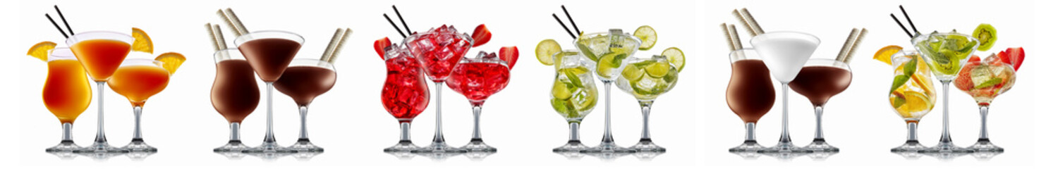 Wall Mural - Set of cocktails with decoration from fruits isolated on white background