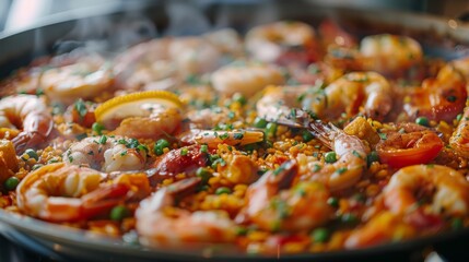 Wall Mural - Gourmet seafood paella being cooked in a large pan, vibrant colors and rich ingredients, festive and communal dining experience