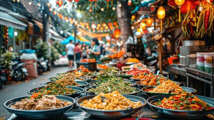 Wall Mural - Vibrant Thai street market with spicy dishes, bustling crowd, and colorful surroundings, aromatic and lively atmosphere