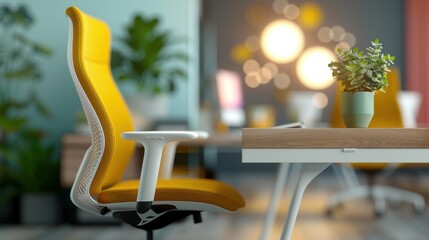 Wall Mural - A yellow chair sits in front of a desk with a potted plant and a lamp. The chair is positioned in front of the desk, which is also surrounded by a few other potted plants