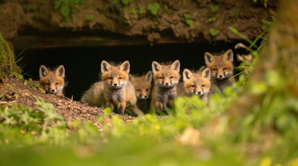 Sticker - Five Red Fox Kits Emerging from Their Den