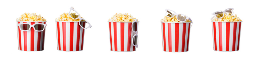 Wall Mural - Paper striped bucket with popcorn and 3D glasses isolated on white background