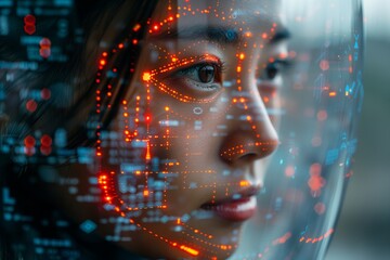 Poster - Woman's Face Covered in Red and Blue Digital Patterns
