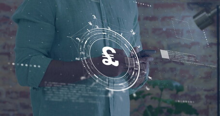 Poster - Image of connections and pound currency symbol over caucasian man using smartphone