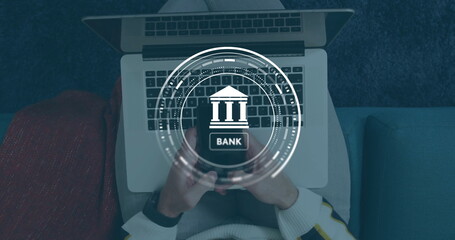Poster - Image of data processing and bank symbol over caucasian man using smartphone
