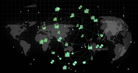 Sticker - Image of data processing, world map and globe over black background