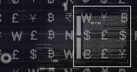 Poster - image of currency symbols and data processing on black background