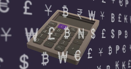 Poster - image of currency symbols and calculator on dark background