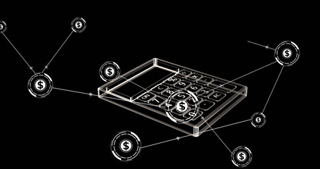 Canvas Print - Image of currency american dollar symbol, connections and calculator on black background