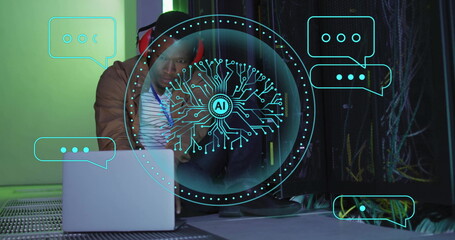 Poster - Image of human brain ai data processing over african american man using lapt
