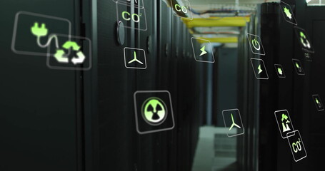 Poster - Image of eco icons and data processing over computer servers