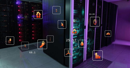Poster - Image of eco icons and data processing over computer servers