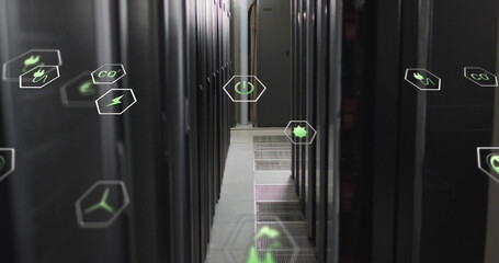Poster - Image of eco icons and data processing over computer servers