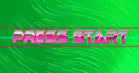 Poster - Image of press start text over light trails on green background