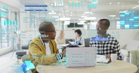 Poster - Image of financial data processing over diverse business people in office