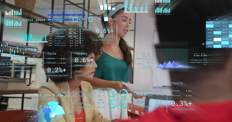 Poster - Image of financial data processing over diverse business people in office