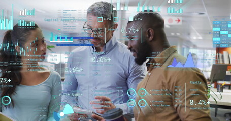 Poster - Image of financial data processing over diverse business people in office