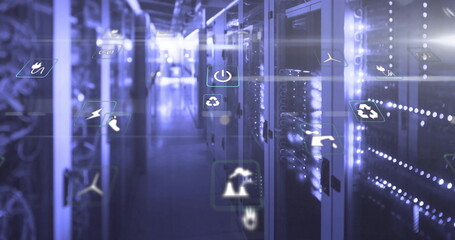 Poster - Image of eco icons and digital data processing over computer servers