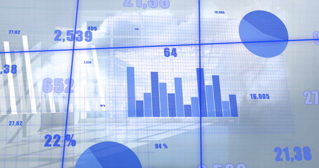 Poster - Image of blue charts and processing data over sunny room and cloudy sky