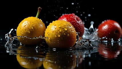 Wall Mural - Default Bunch of drupe fruits on plain black background with water splash