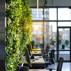 Poster - Green plants on the wall in modern office interior with panoramic windows and desks