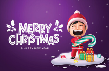 Wall Mural - Merry christmas greetings vector design. Christmas santa claus kid character standing in snow winter purple background holding candy cane with xmas balls and colorful gift boxes elements. Vector 