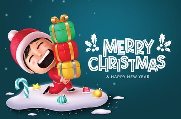 Wall Mural - merry christmas greetings vector design. christmas greeting text with santa claus kid character hold