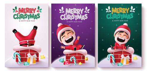 Wall Mural - christmas santa kid vector poster set design. merry christmas greeting text with friendly and playfu