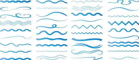 Wall Mural - hand drawn blue wavy line vector set. perfect wave, swirl, zigzag, and curl for design elements, bor